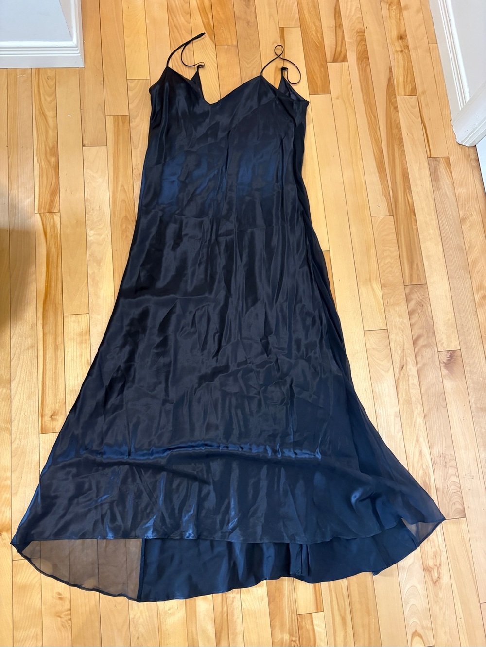 Vintage Y2K Black 100% Silk Slip Dress Sheer Maxi Goth Fairycore Dress L - Picture 3 of 15
